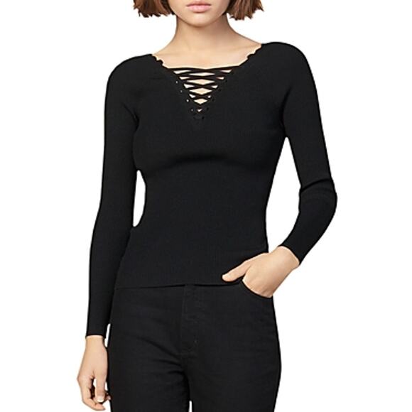 SANDRO Black Ribbed Lace Up Long Sleeve Sweater Top LARGE - Picture 2 of 10